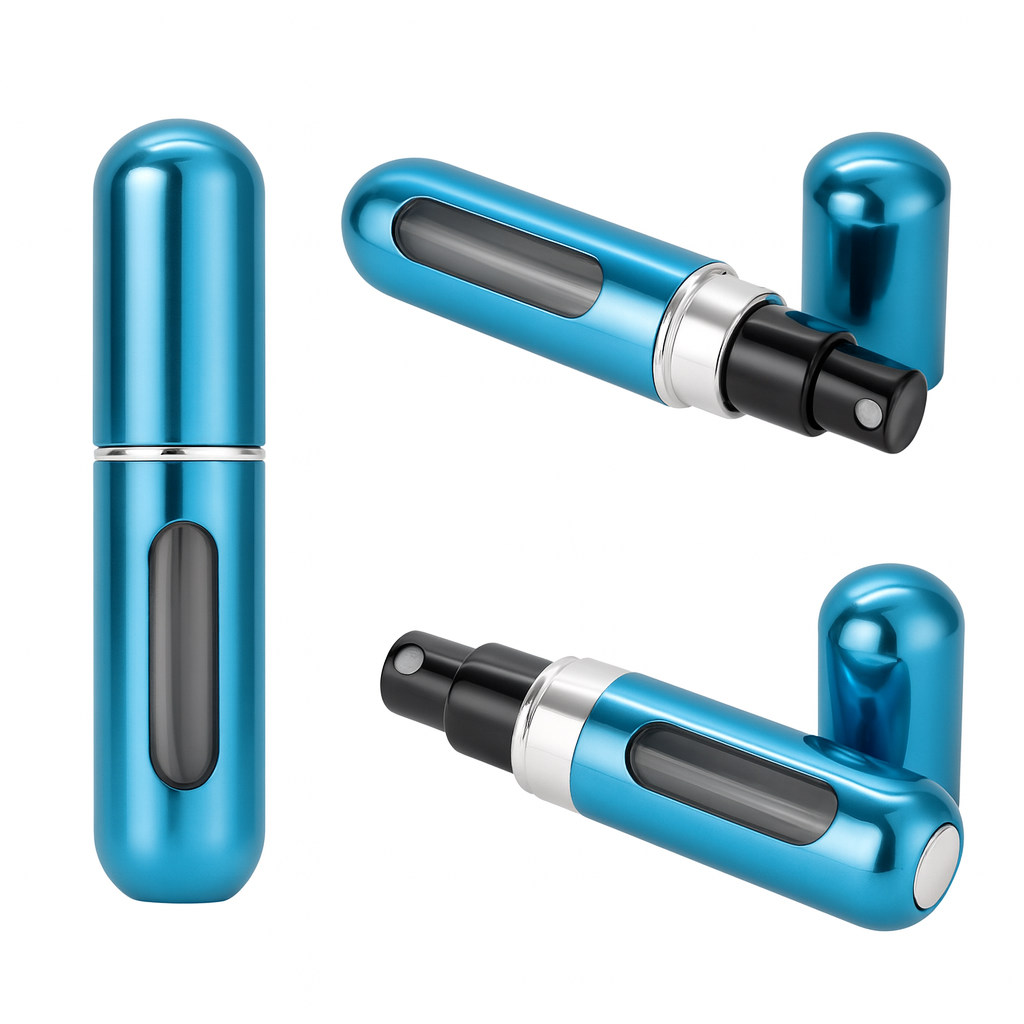 PERFUMERO COLOR AZUL PLATEADO PORTATIL AUTO RECARGABLE EN SPRAY 5ML