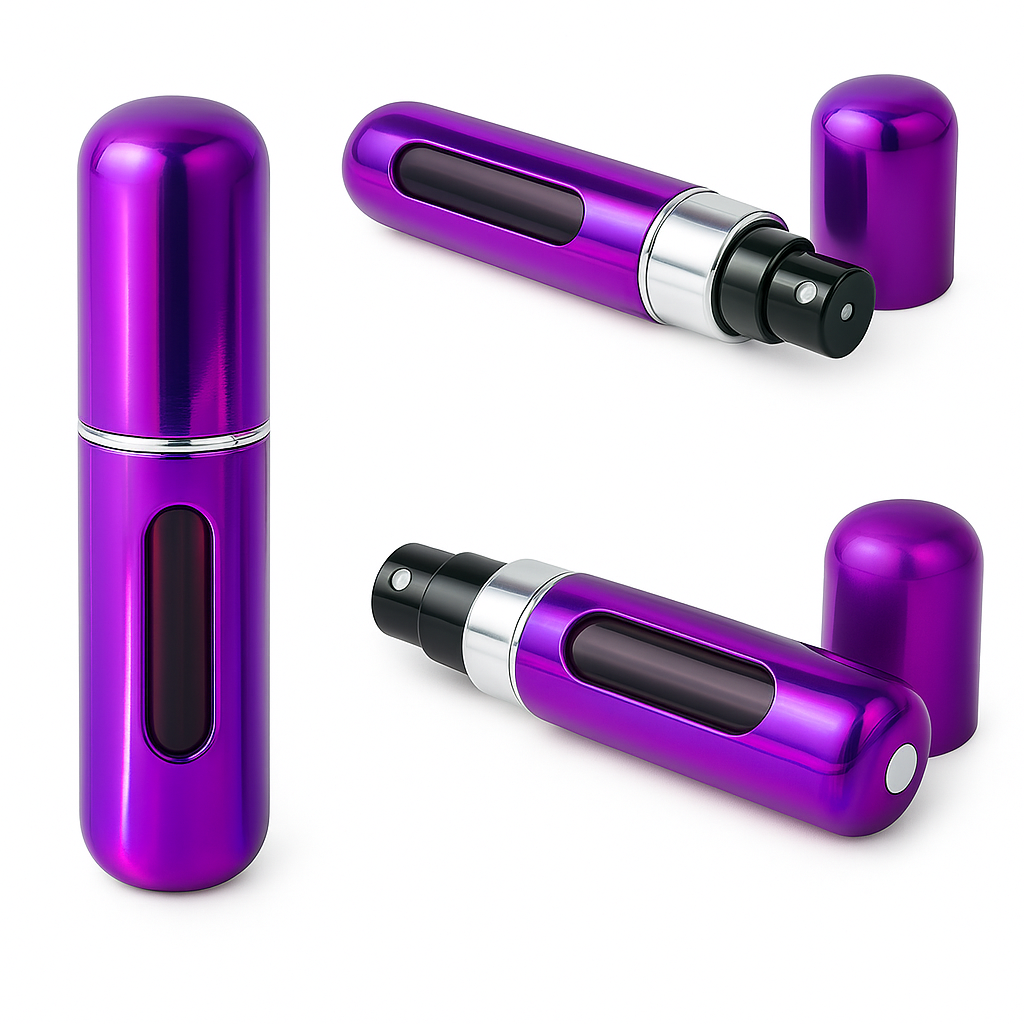 PERFUMERO COLOR MORADO BRILLANTE PORTATIL AUTO RECARGABLE EN SPRAY 5ML