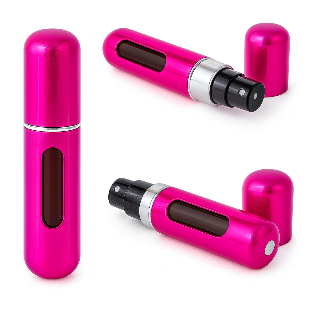 PERFUMERO COLOR ROSADO BRILLANTE PORTATIL AUTO RECARGABLE EN SPRAY 5ML