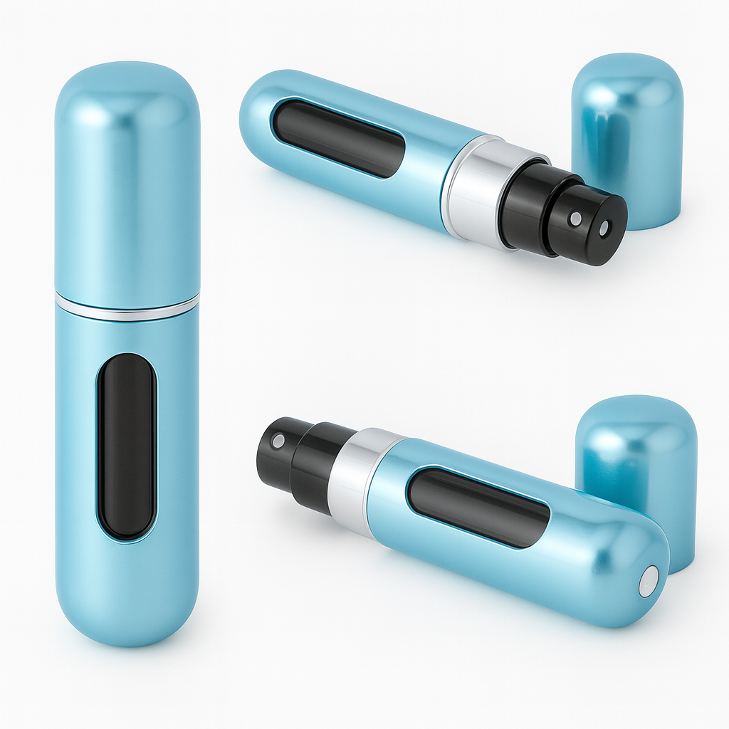 PERFUMERO COLOR CELESTE BRILLANTE PORTATIL AUTO RECARGABLE EN SPRAY 5ML